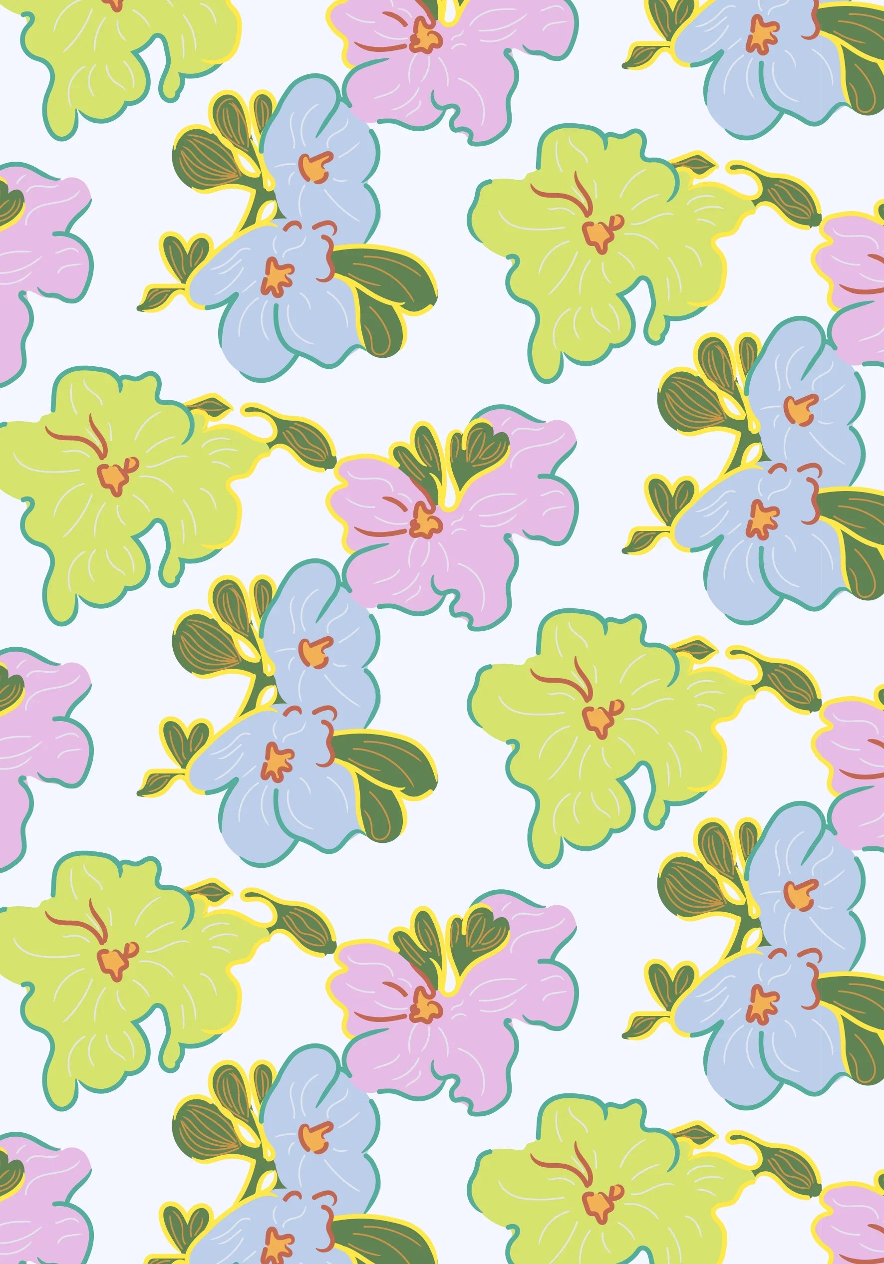 Colorful Hawaiian floral print with pastel blue, pink, and green flowers on white background