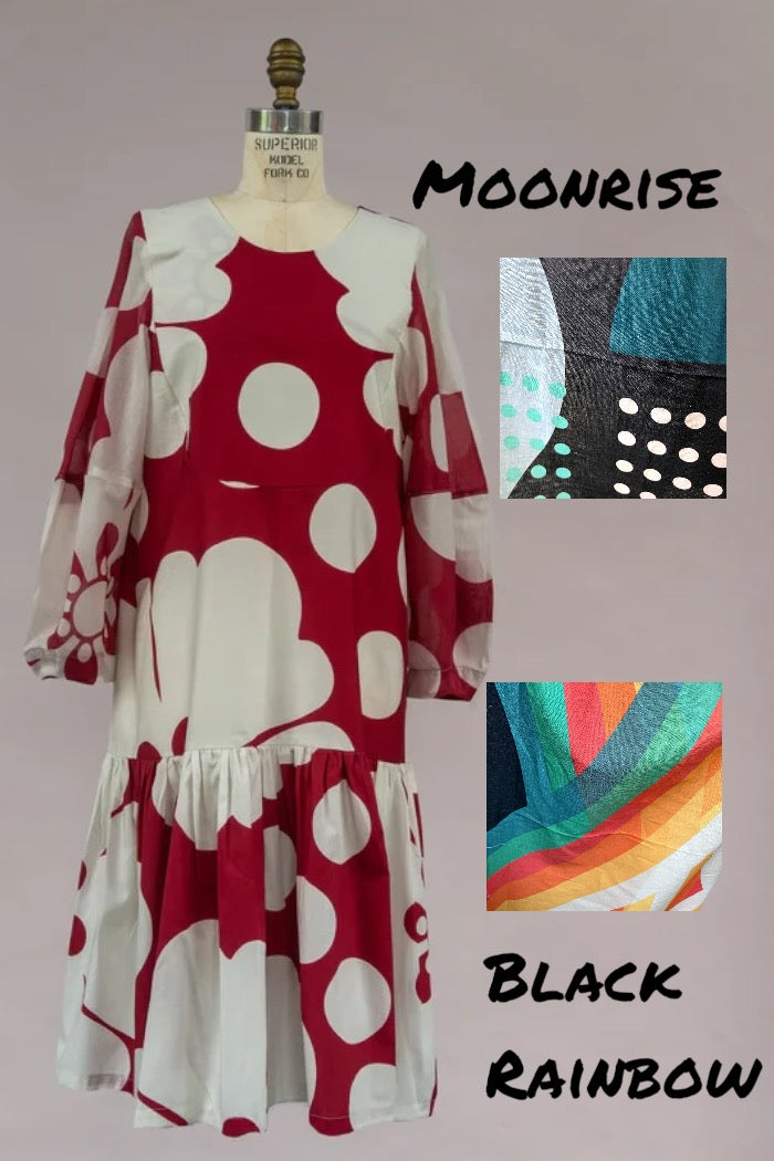 Bib Dress in Moonrise and Black Rainbow Print PRE-ORDER