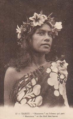 Woman wearing floral Tahitian dress and flower crown, traditional Polynesian attire