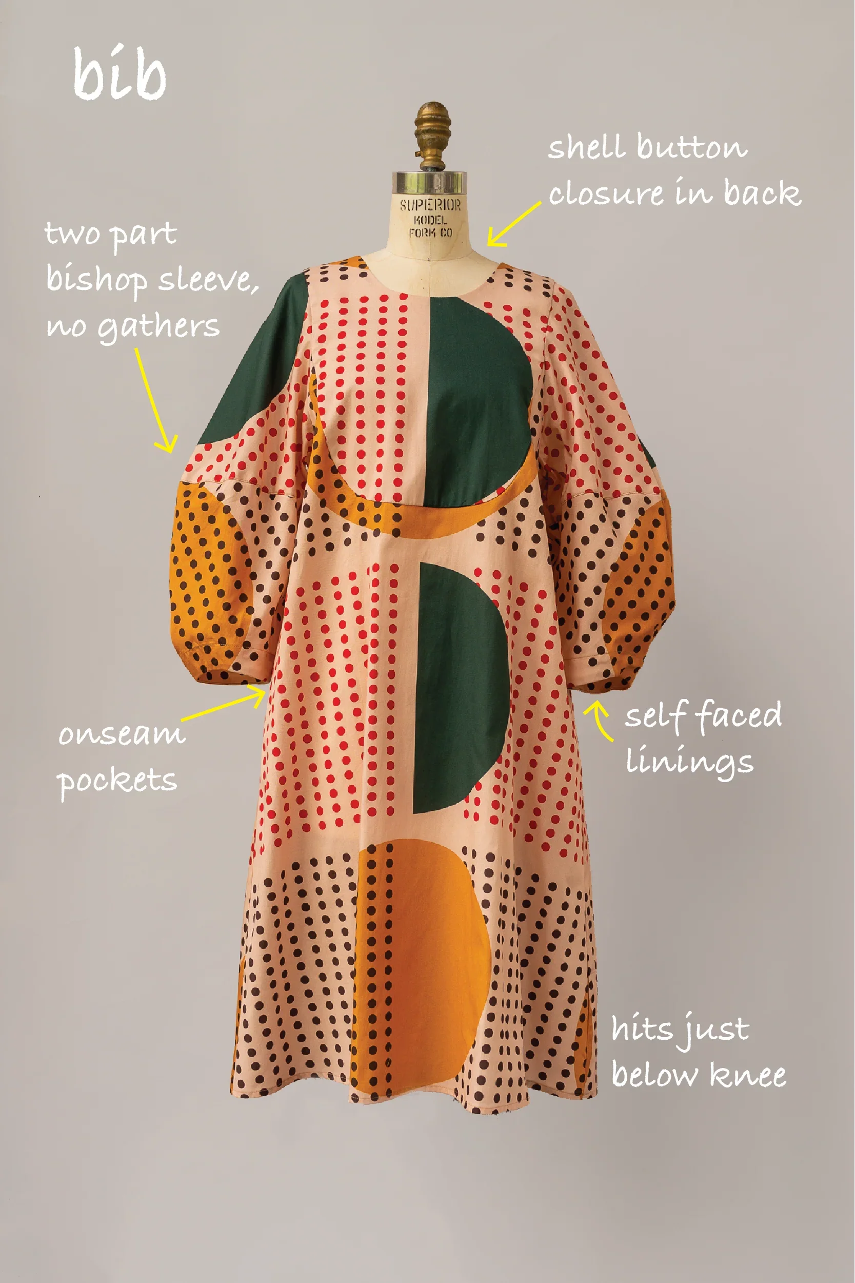 Print dress on a mannequin with text labels showing its features on a gray background