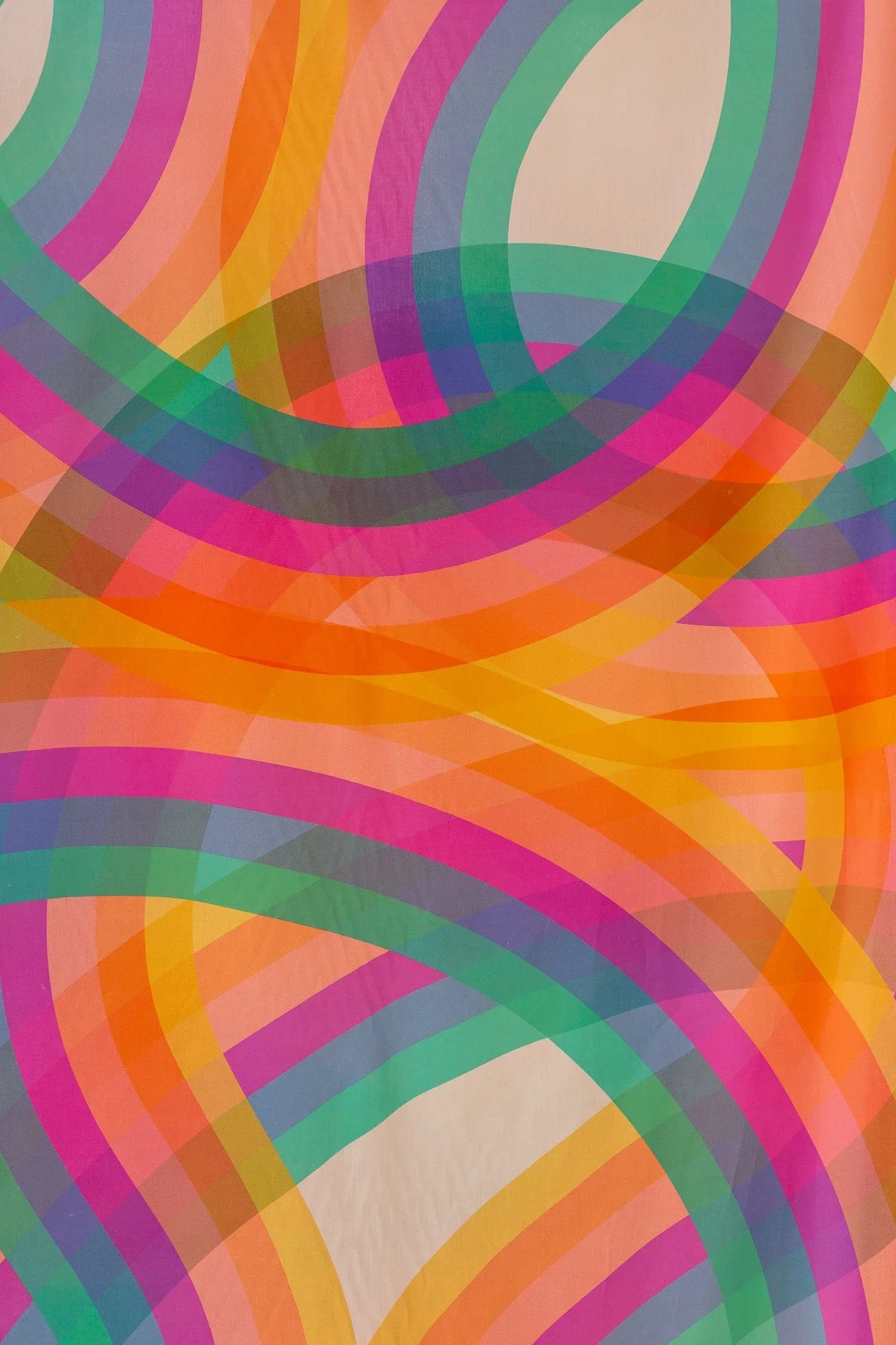 Colorful abstract fabric with overlapping rainbow curves and geometric pattern