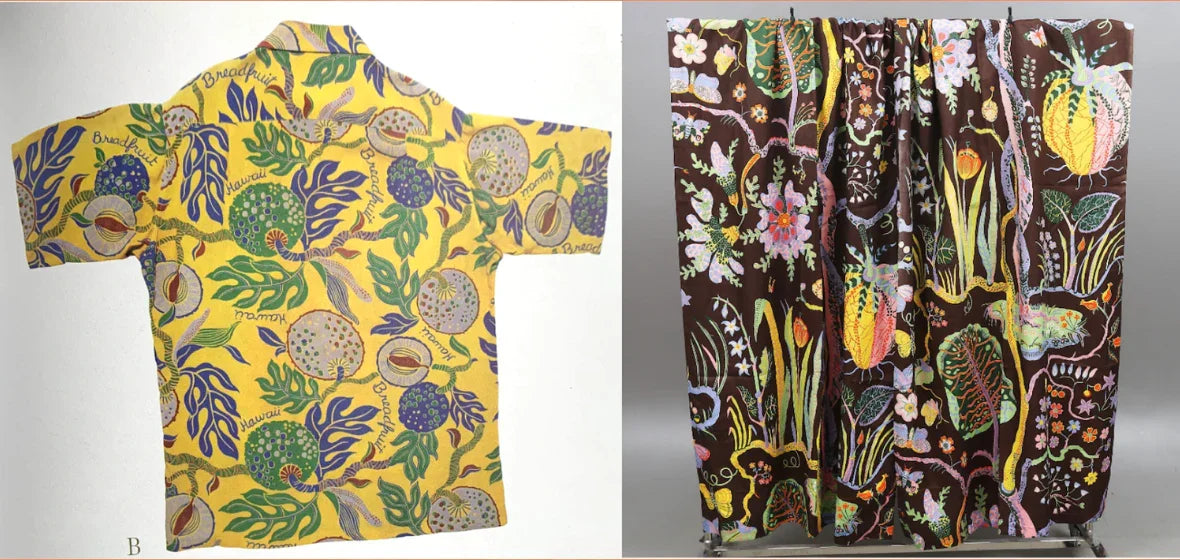 Vintage Hawaiian shirt and dress with colorful tropical fruit and floral prints
