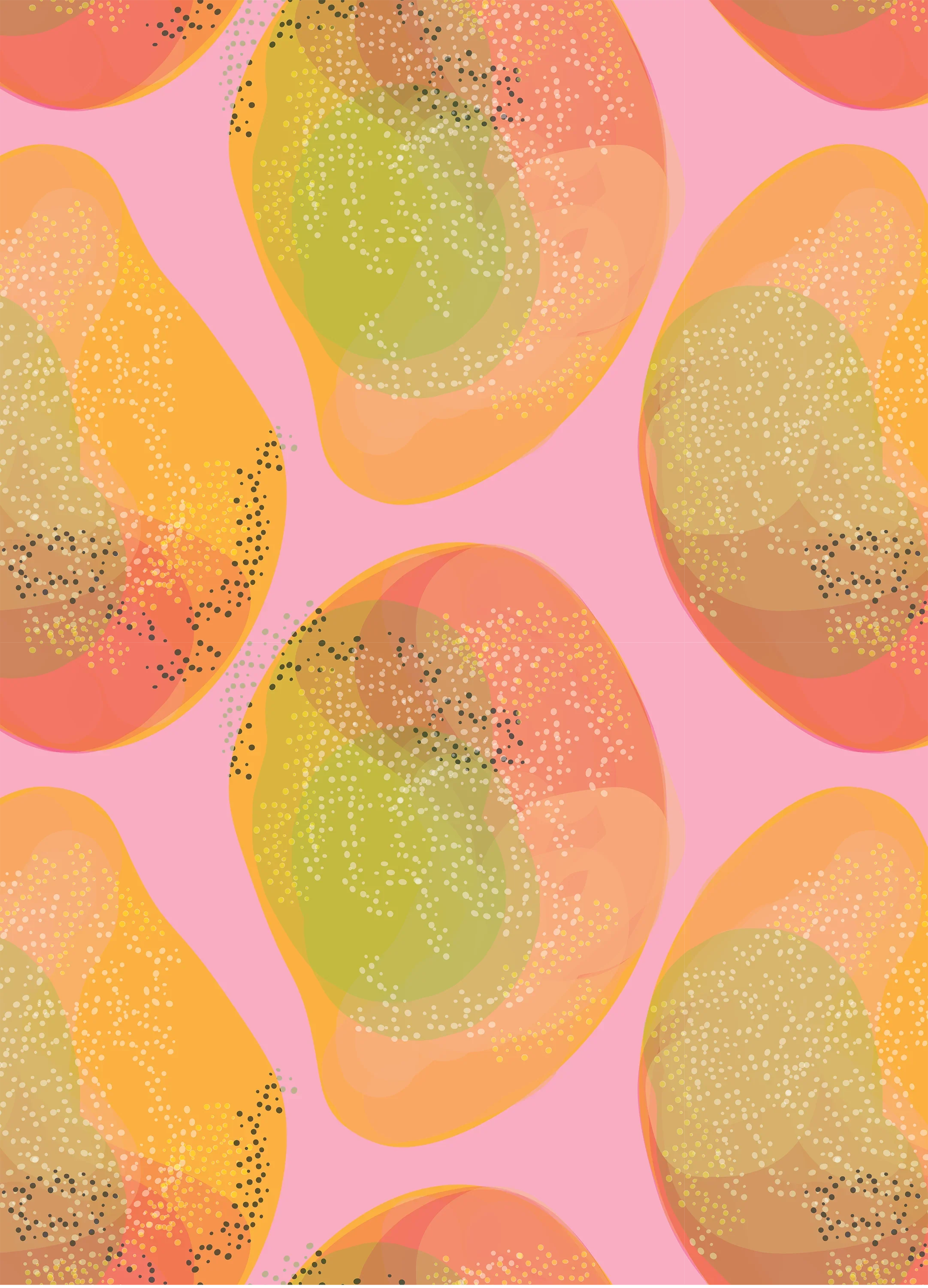 Seamless tropical mango print pattern with orange and green fruit on a pink background