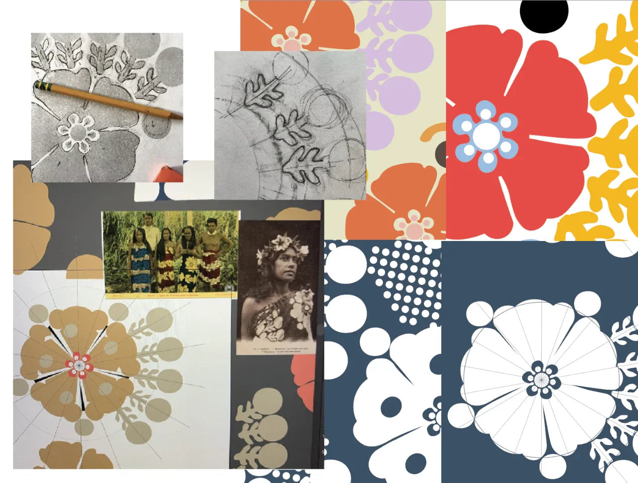 Collage showing Hawaiian floral print design process, sketches, vintage photos, and bold patterns.