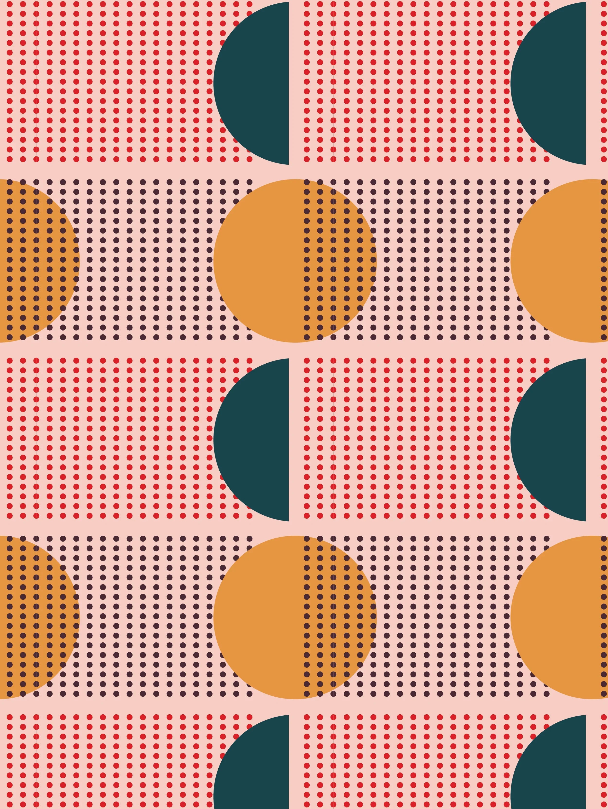 Modern Hawaiian print with geometric orange circles and teal semicircles on dotted pink background