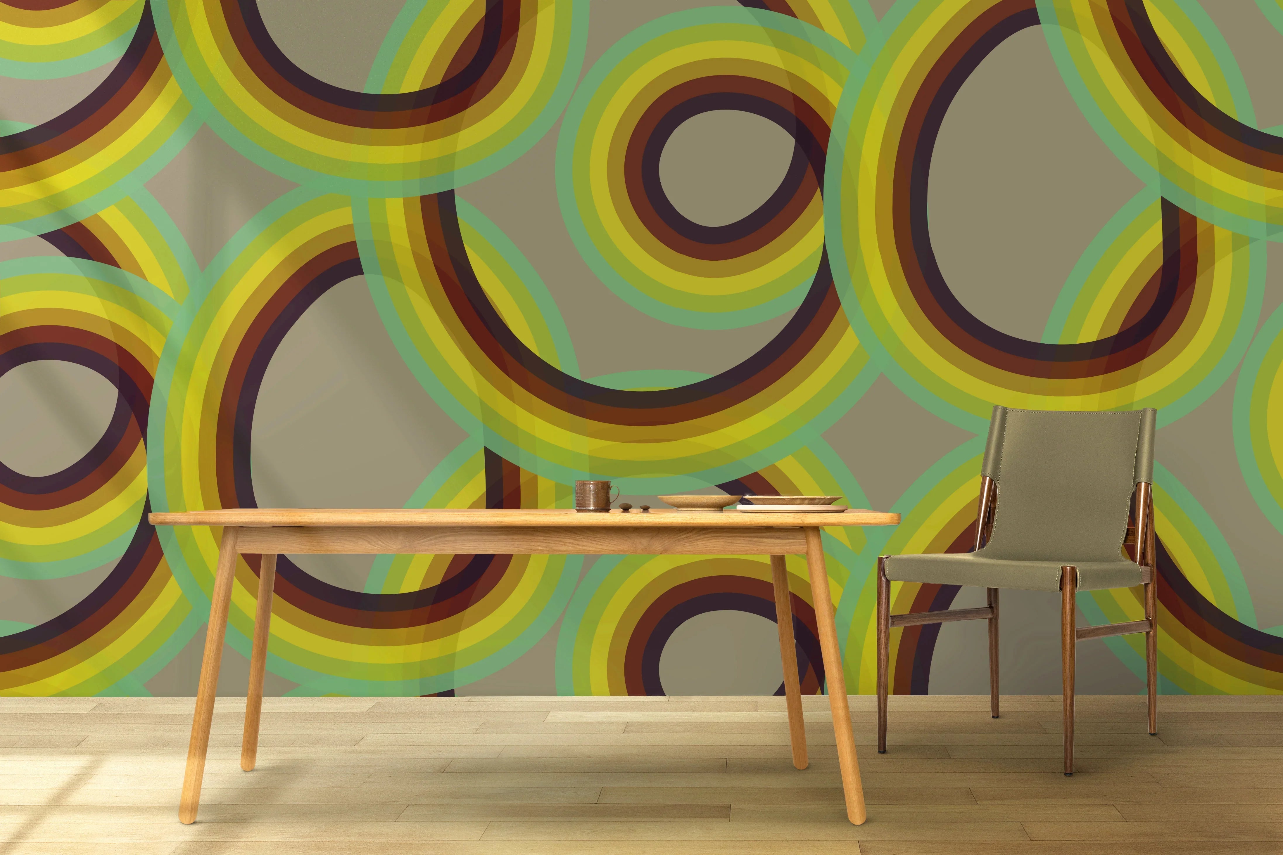 Modern dining area with abstract rainbow Saturn rings wallpaper, wooden table and chair
