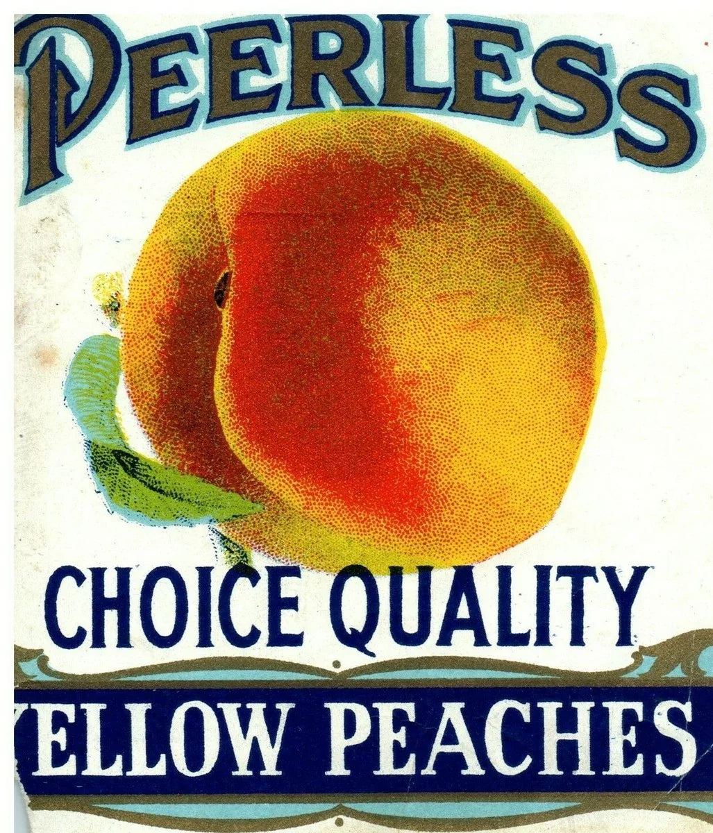 Vintage fruit label showing a large yellow peach and the text 'Peerless Choice Quality Yellow Peaches'.